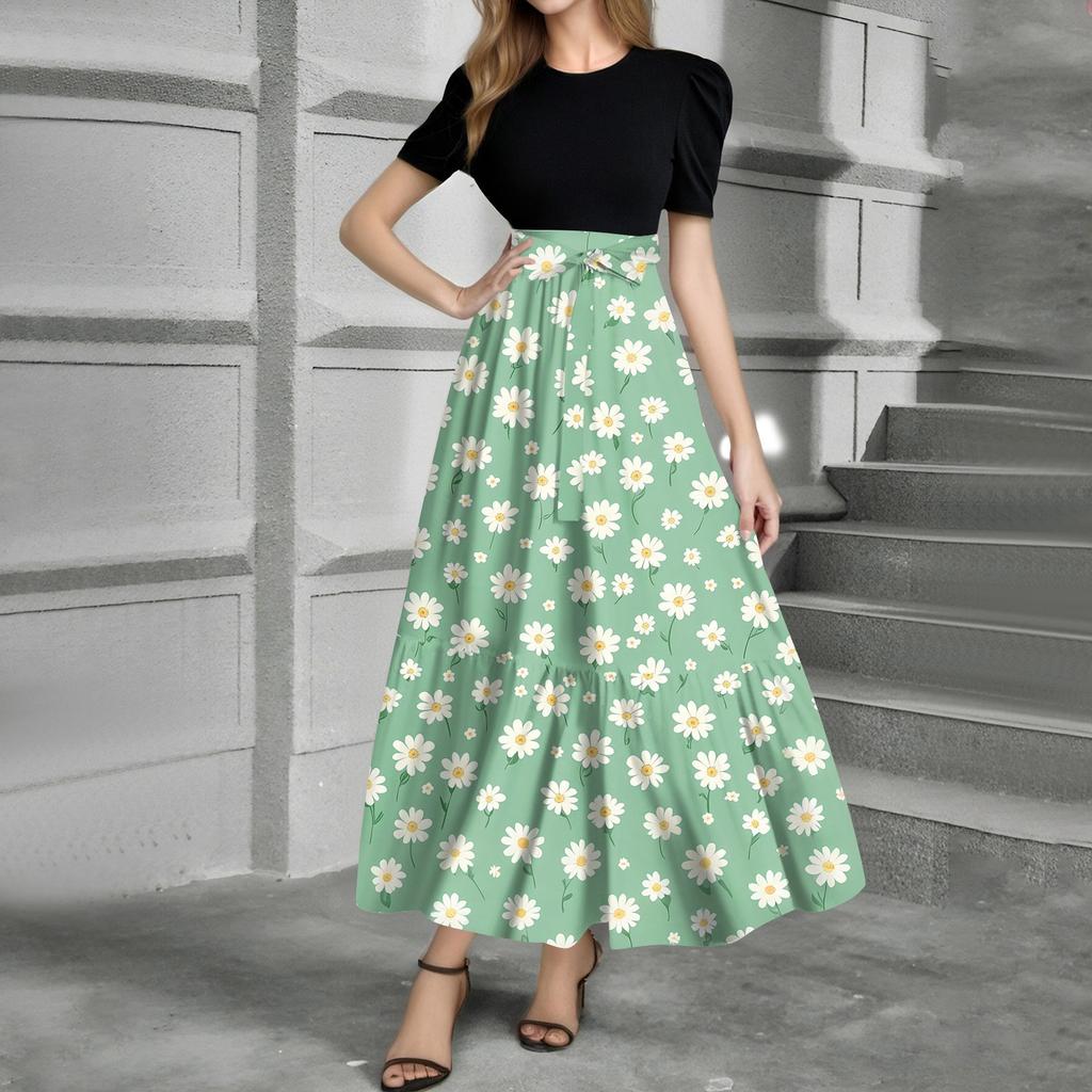 Women's Fashion Casual Belt Short Sleeve Round Neck Print Stitching Elegant Temperament Dress