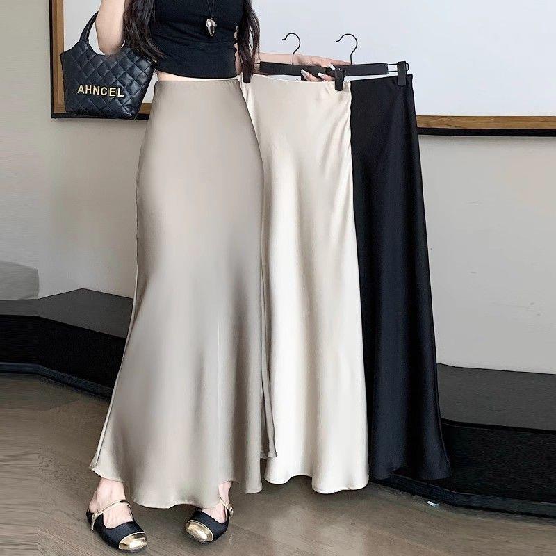 

2024 Satin High-Waist Fishtail Midi Skirt - Women s Spring/Autumn Draped A-line 5XL
