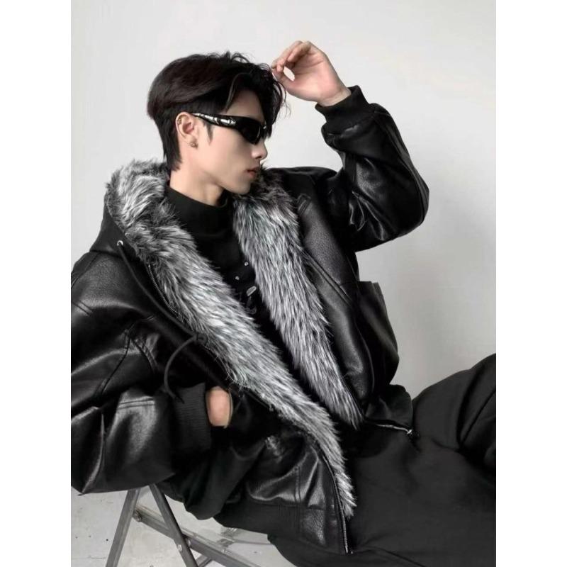 Men's Winter Hooded PU Leather Jacket with Fur Collar - Trendy, Loose, Versatile, Plus Velvet, Thickened for Warmth