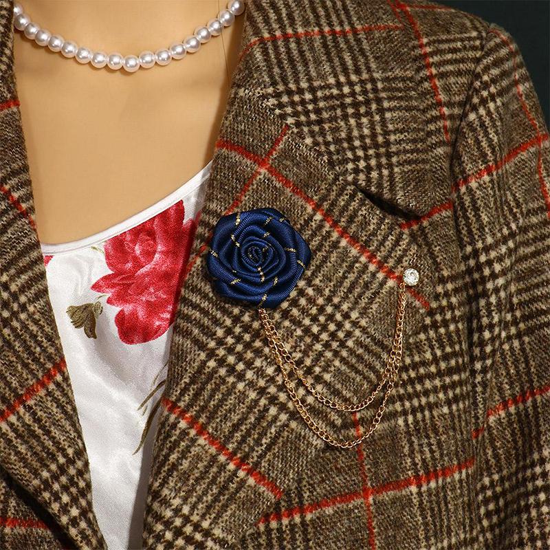 Men Wedding Brooches Cloth Art Handmade Rose Flower Brooch Lapel Pin Badge Tassel Chain Men'S Suit Accessories Groom Boutonniere