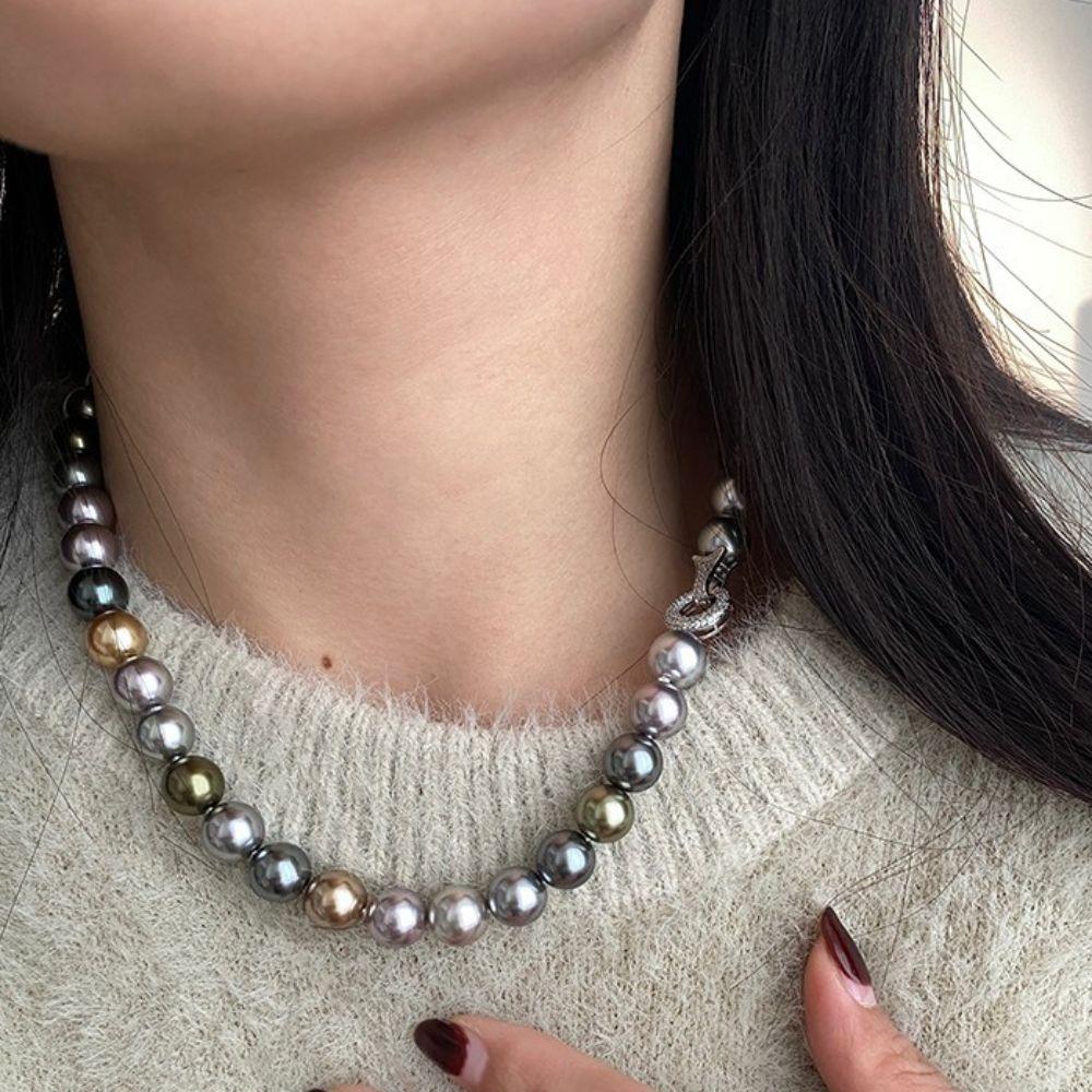 High-gloss Mixed-Color Pearl Necklace Metallic Sheen Pearl Neckchain  Banquet