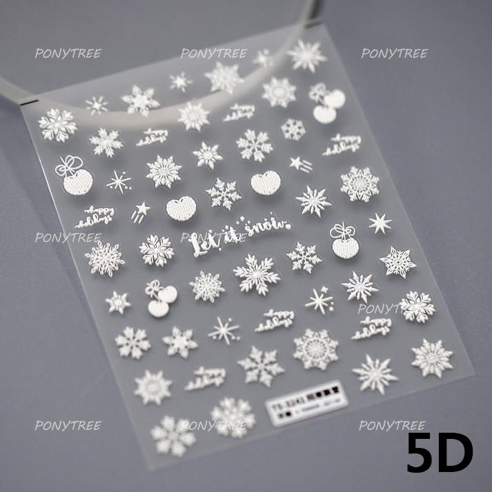 1 Piece 5D Embossed White Snowflake Nail Stickers Winter Christmas Snowflake Nail Art Stickers Self-adhesive Decorative Slider