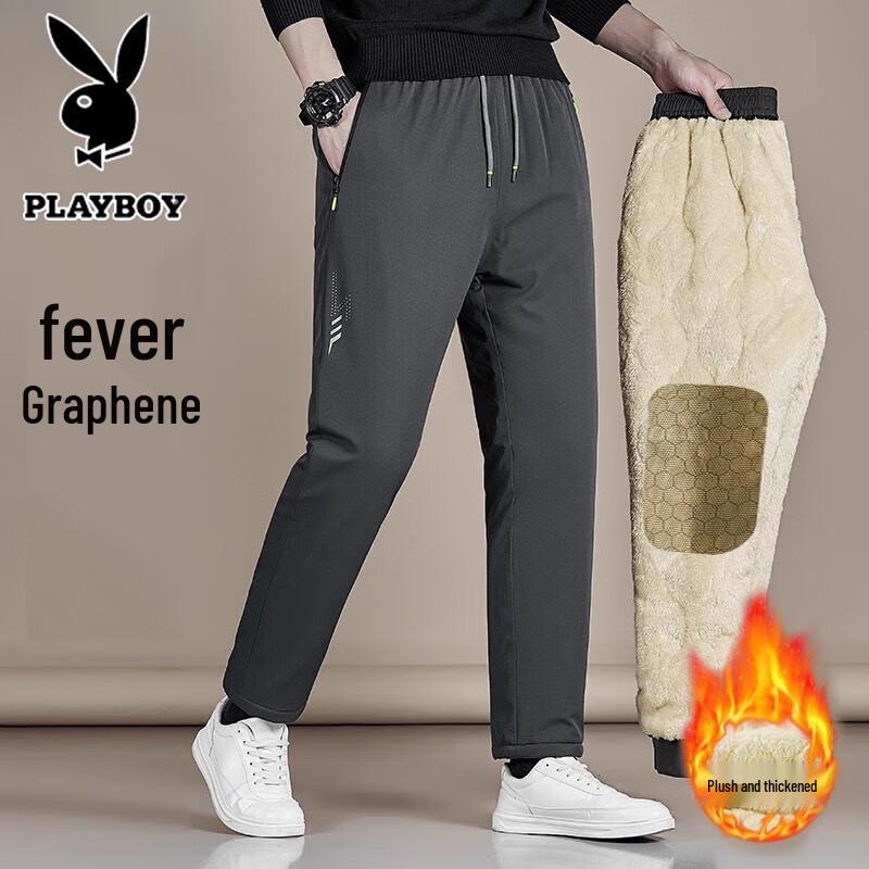 PLAYBOY Men's Lamb Velvet Lined Warm Straight-Leg Trousers