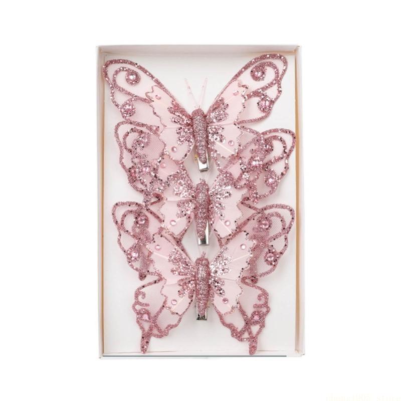 QX2E Set of 3 Glittering Butterfly with Clip for Christmas Tree Holiday Decoration