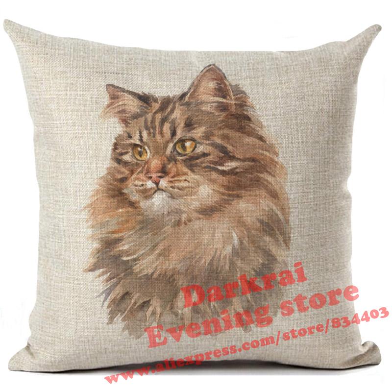 Cushion Cover Watercolor Cute Cat Printed Linen Pillow Cover Car Sofa Decorative Throw Pillows Home Decoration Pillowcase