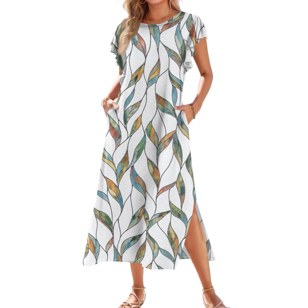 Ladies' Fashionable Summer Casual Pleated Sleeves, Loose Retro Floral Print, Short Sleeves, Round Tie, Pocket Beach Dress