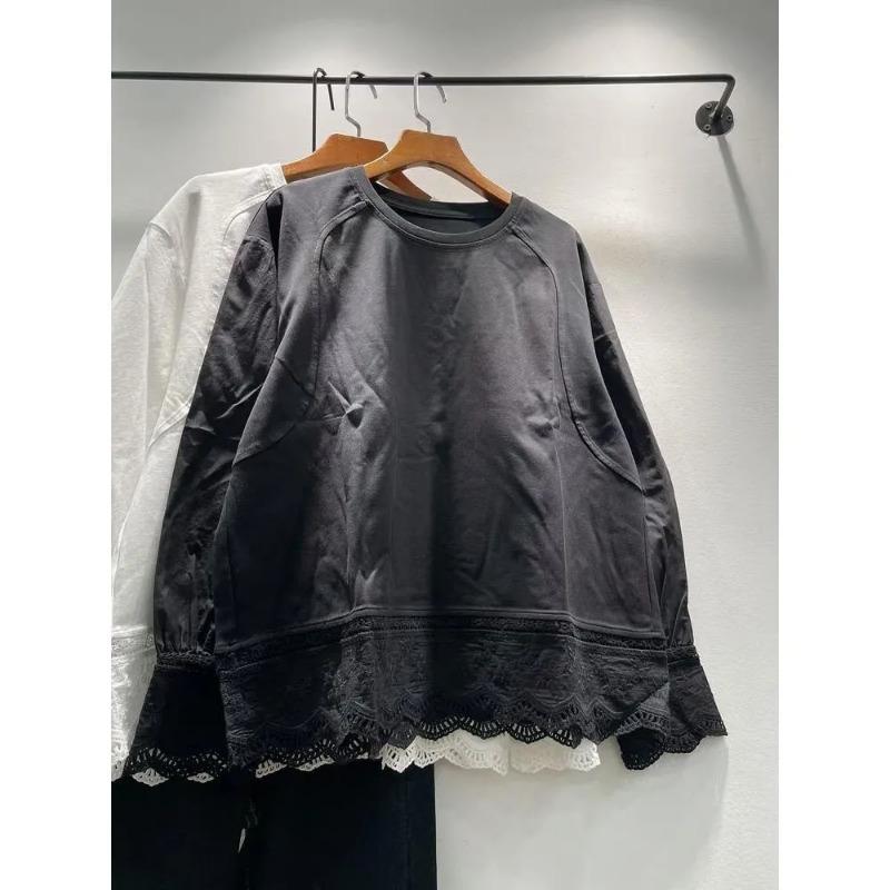 Design-T-Shirt mit gespleißtem Saum und Spitze für Damen, vielseitig, locker, lässig, Rundhalsausschnitt