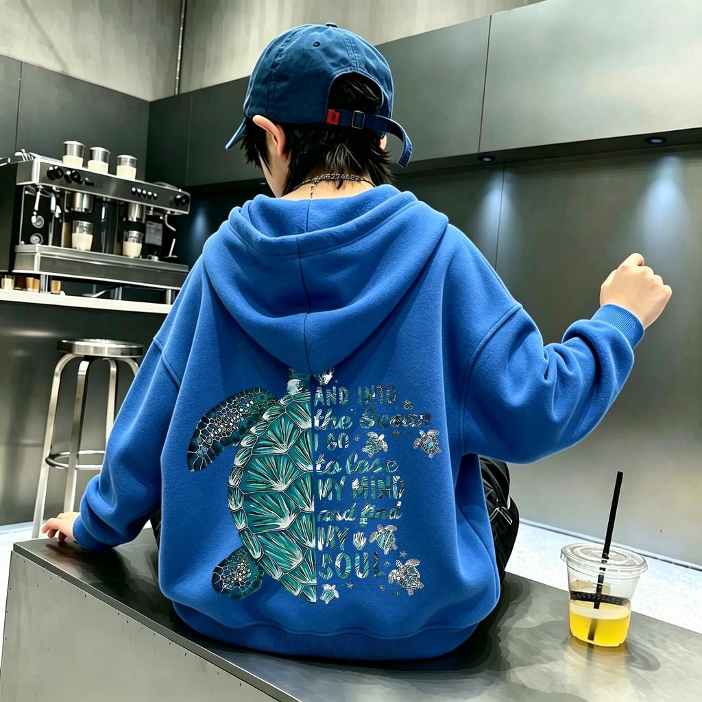 Children's Trend Sea Turtle Pattern Printed Hooded Sweatshirt for Autumn/Winter, Youth and Adult Casual Pullover Top