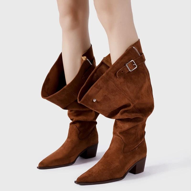 Fashion Personalized Design Back Zipper Pointed Low Heel Lazy Pleated Boots European American Retro Western Cowboy Thick Heeled Boots
