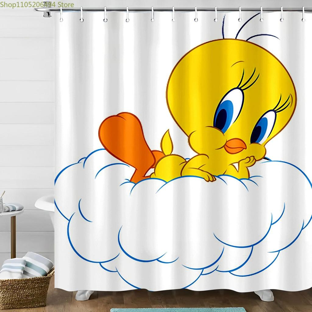 1pc WB Tweety Bird Shower Curtain - Officially Licensed Bathroom Decor with Tweety & Sylvester Print, High Quality with 12 Hoo