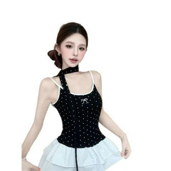 Elegant Halter Polka Dot Pleated Cami Top - Spring 2025 Waist-Hugging Style