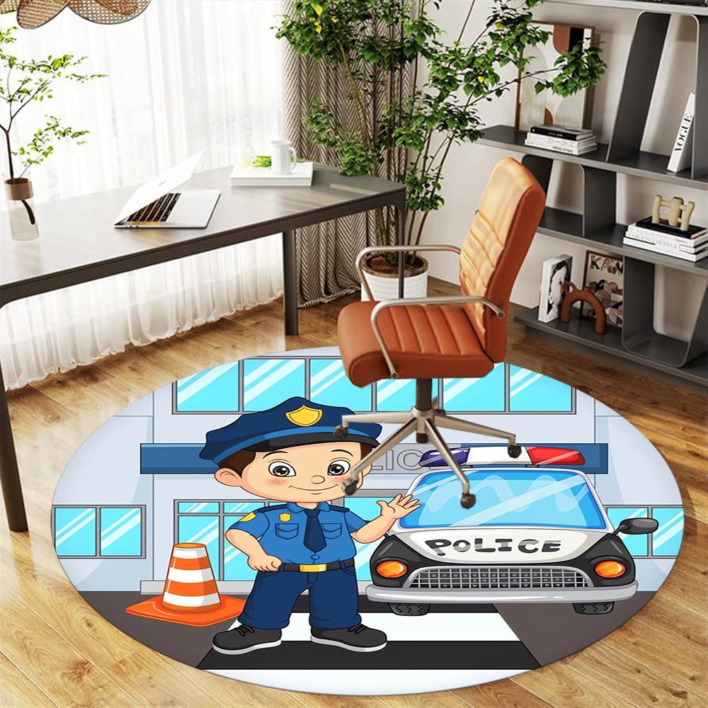 1pc Police OfficerPolice Car Round Chair mat Area Rug - Non-Slip, Floor Mat for Office, Bedroom, home decor Christmas Gift p0811434