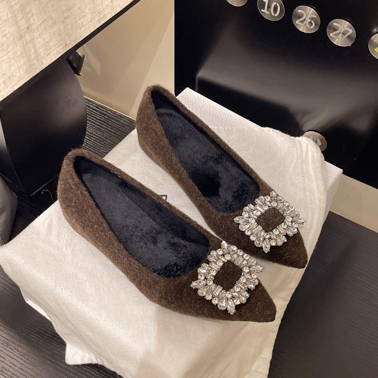 

Square Buckle Rhinestone Black 4Cm Pointed Head Shallow Mouth Single Shoe Inner Height Increase Spring Evening Commuting Woolen French Women S Single 35 коричневый