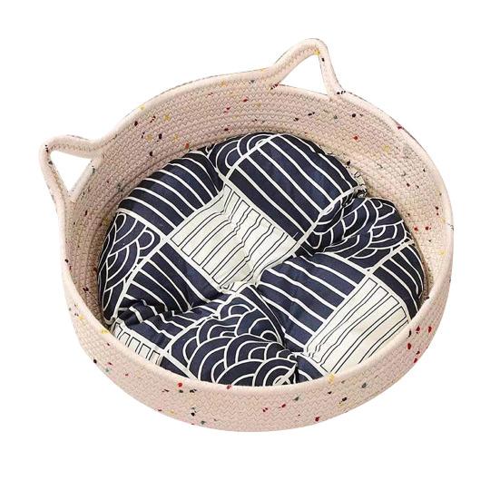 Cat Basket Bed with Cushion Cat Ear Cotton Rope Woven Pet Bed Breathable Cat Basket for Indoor Cats All Season Use