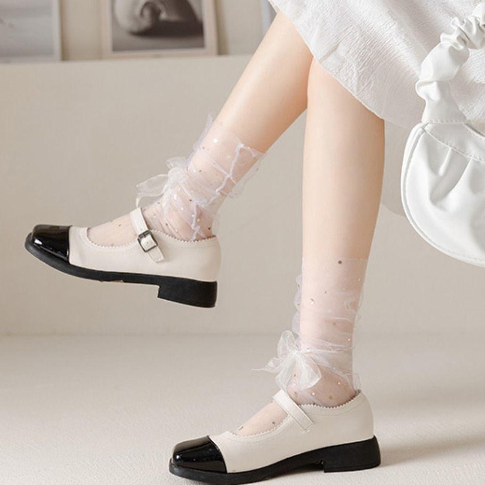 5Pairs Star Moon Tulle Shiny Socks Mid-calf Mesh Tube Socks Women Soft Transparent Bow Socks  Girl