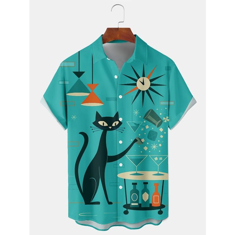 Men S Short-Sleeve Hawaiian Shirt Featuring a Retro Medieval Geometric Atomic Cat Print S
