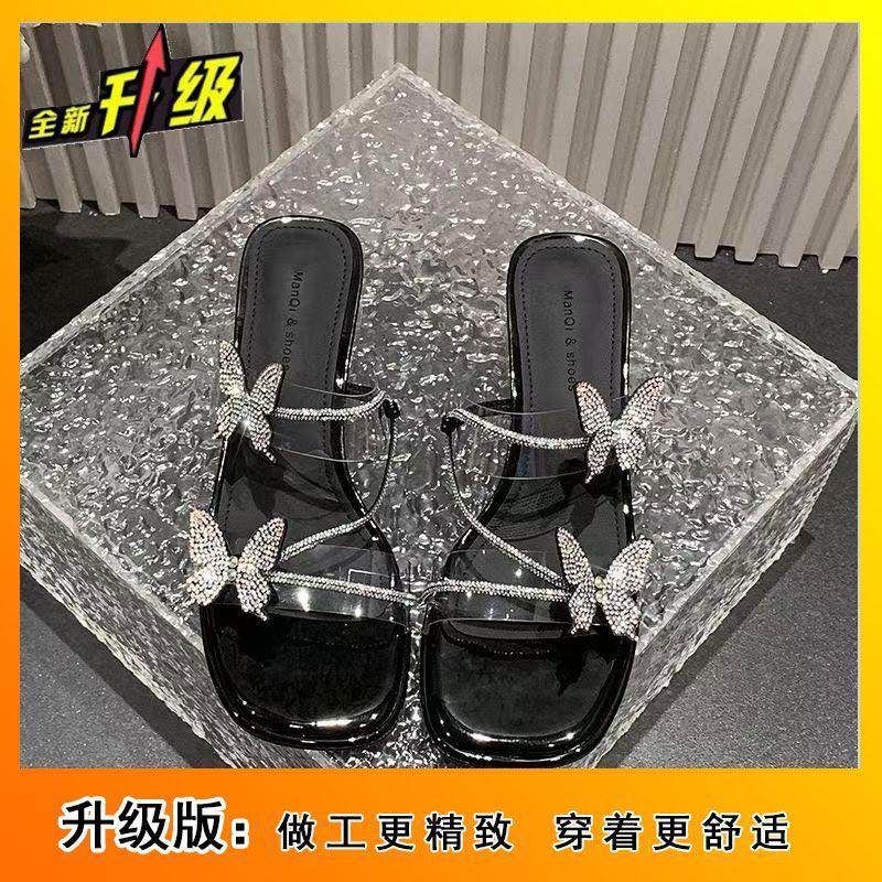 Beautiful Cool Slippers Women's 2025 Summer New Transparent Temperament Bow Rhinestone with Skirt High Heel Fairy Sandals