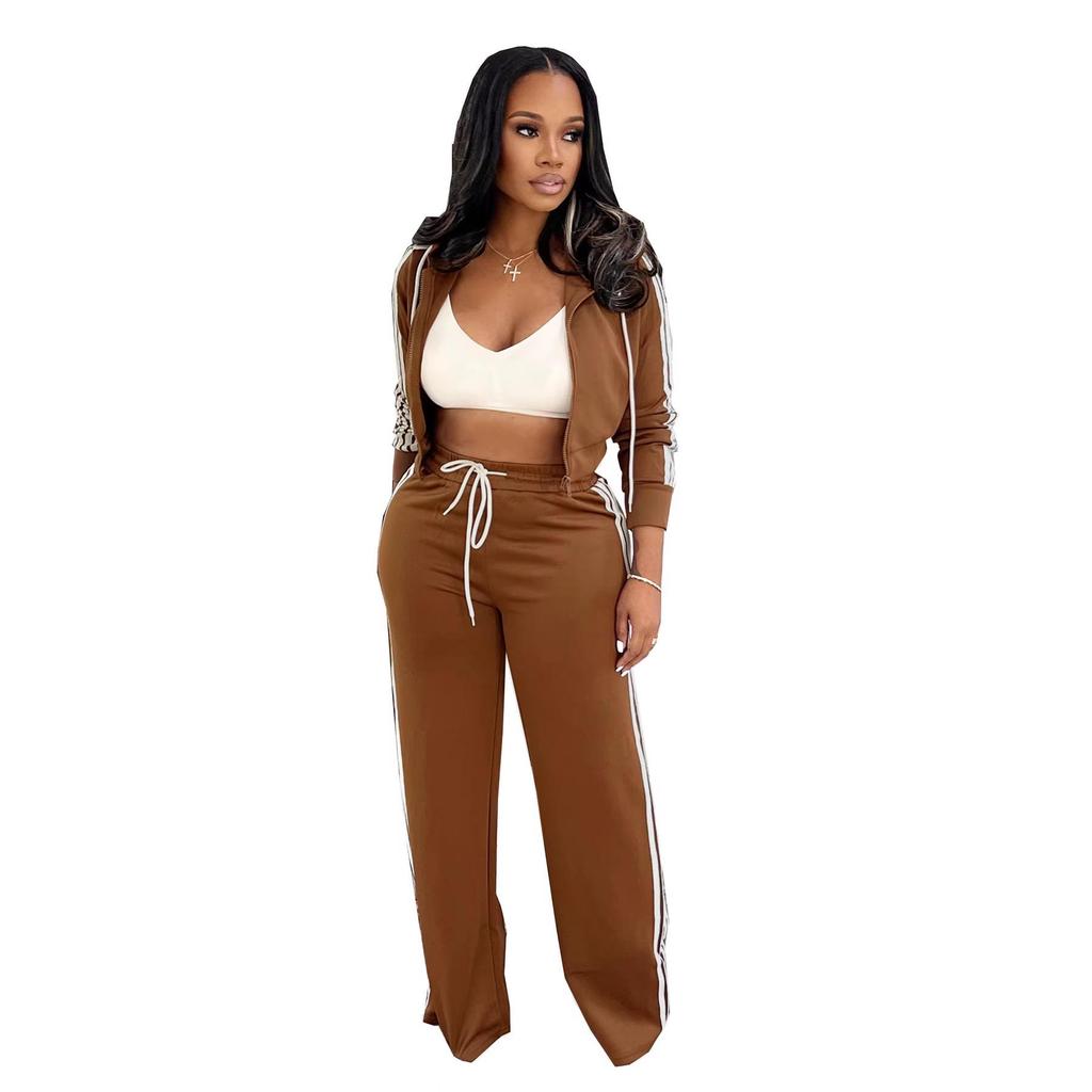 TW802 Women's Autumn/Winter Striped Hooded Cardigan & Straight-Leg Trousers Set