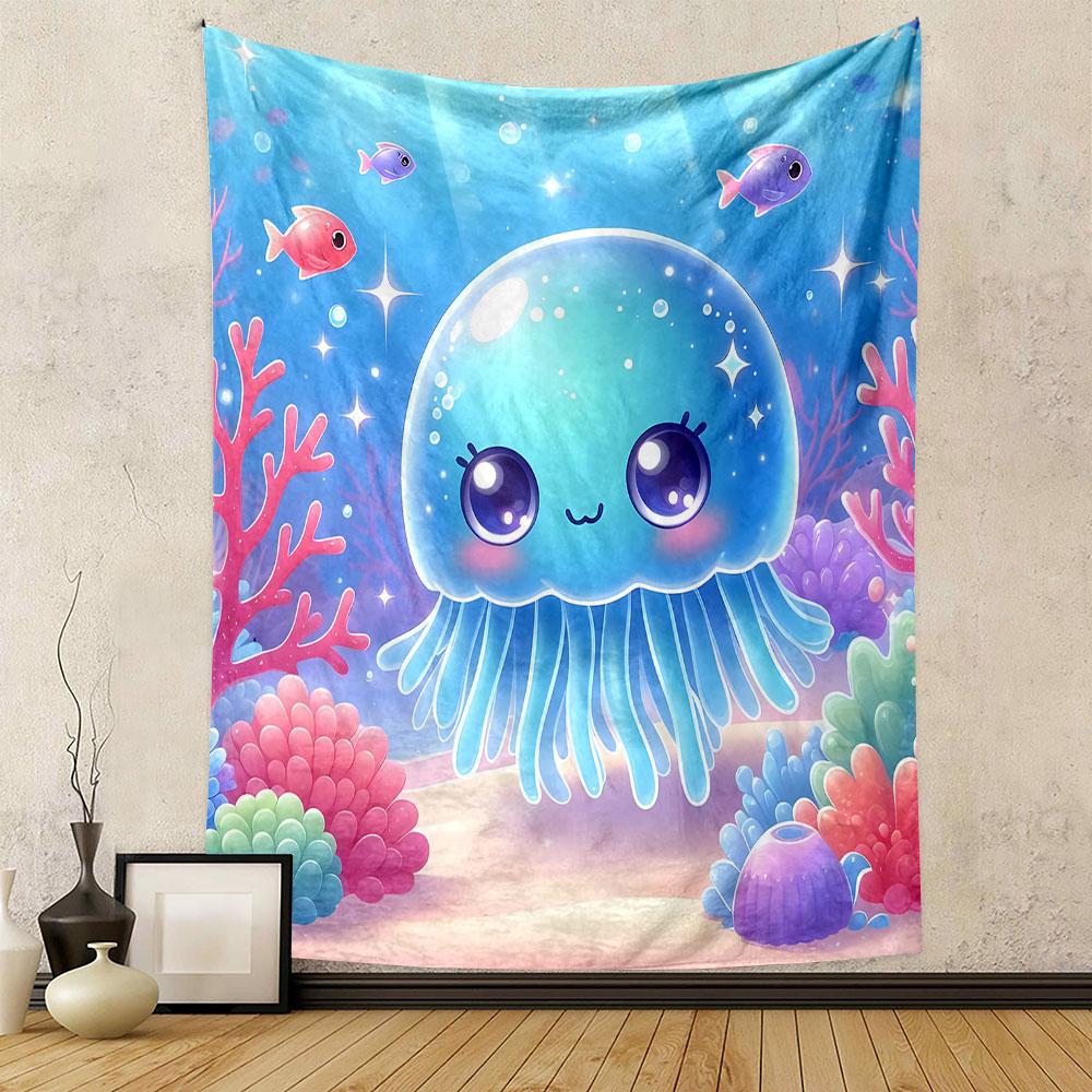 Cute Jellyfish Underwater Scene Patterned Tapestry Decorative Wall Hanging, Home Bedroom Living Room Decor