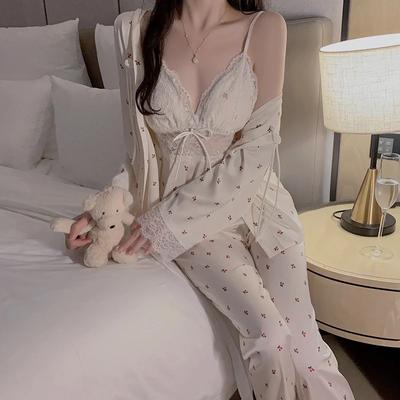Sexy Pajamas Set, Women's Satin Pajamas with Breast Pads, Lace Suspender Tops, Trousers, Robes, Home Wear Sets
