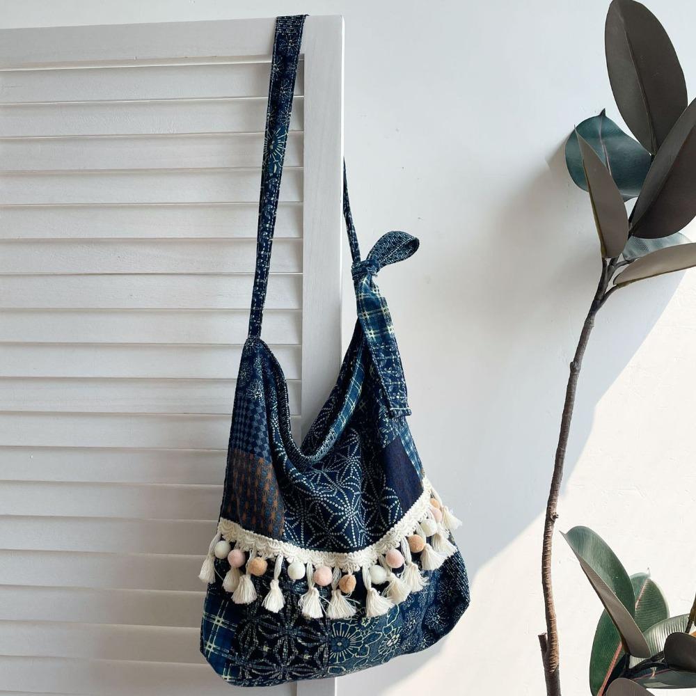 

Large Capacity Fringe Shoulder Bag Cloth Bohemian Tote Bag Ethnic Style Crossbody Bag Travel синий