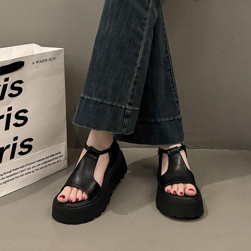 Summer new retro style thick-soled wear-resistant leather surface fish mouth deodorant non-slip sandals women's shoes