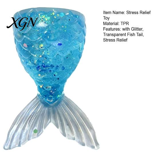 Stress Relief Hand Toy Transparent Fish Tail Squeeze Glitter Simulated Fishtail Anxiety Sensory Slow Rising Ball Decompression Gadgets Relaxation Desk