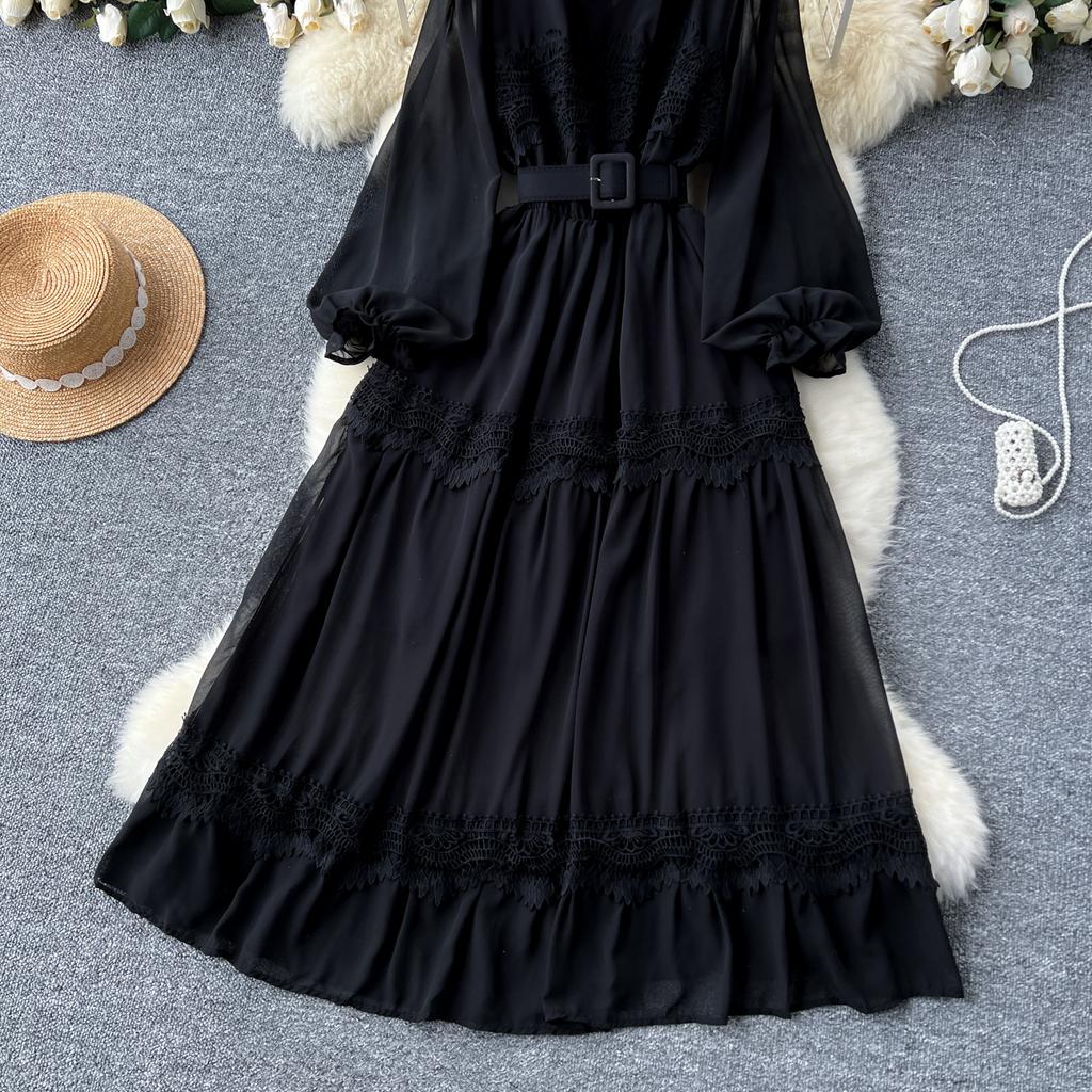 French O Neck Cut Out Lace PATCHWORK Lantern Sleeve Korean Fashion Dress Women's Summer Waist Sweet Dresses