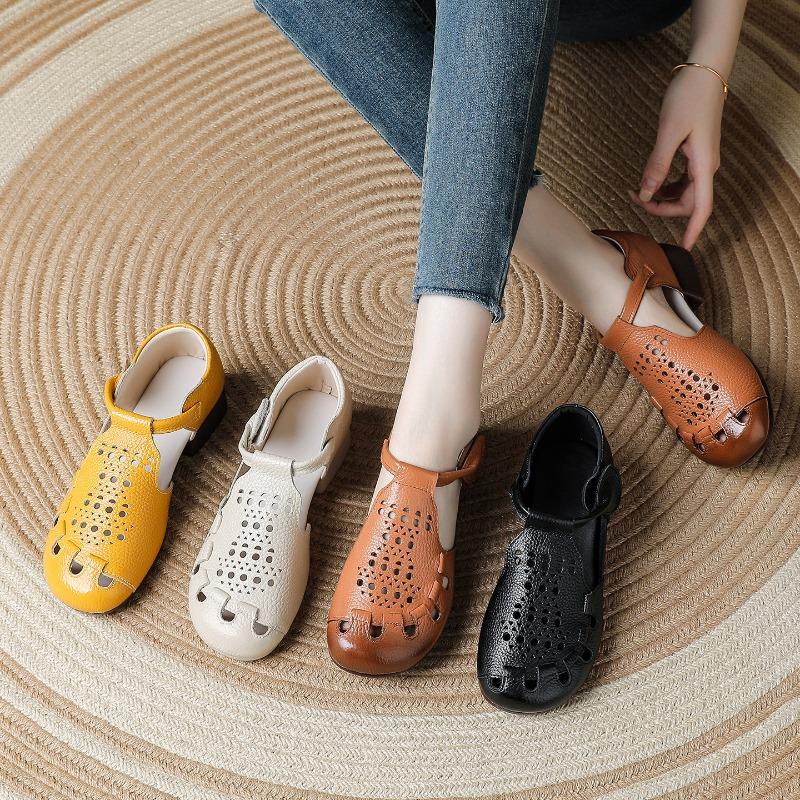 Real cowhide summer new beef tendon sole middle heel mother shoes comfortable soft sole hollow retro sandals women
