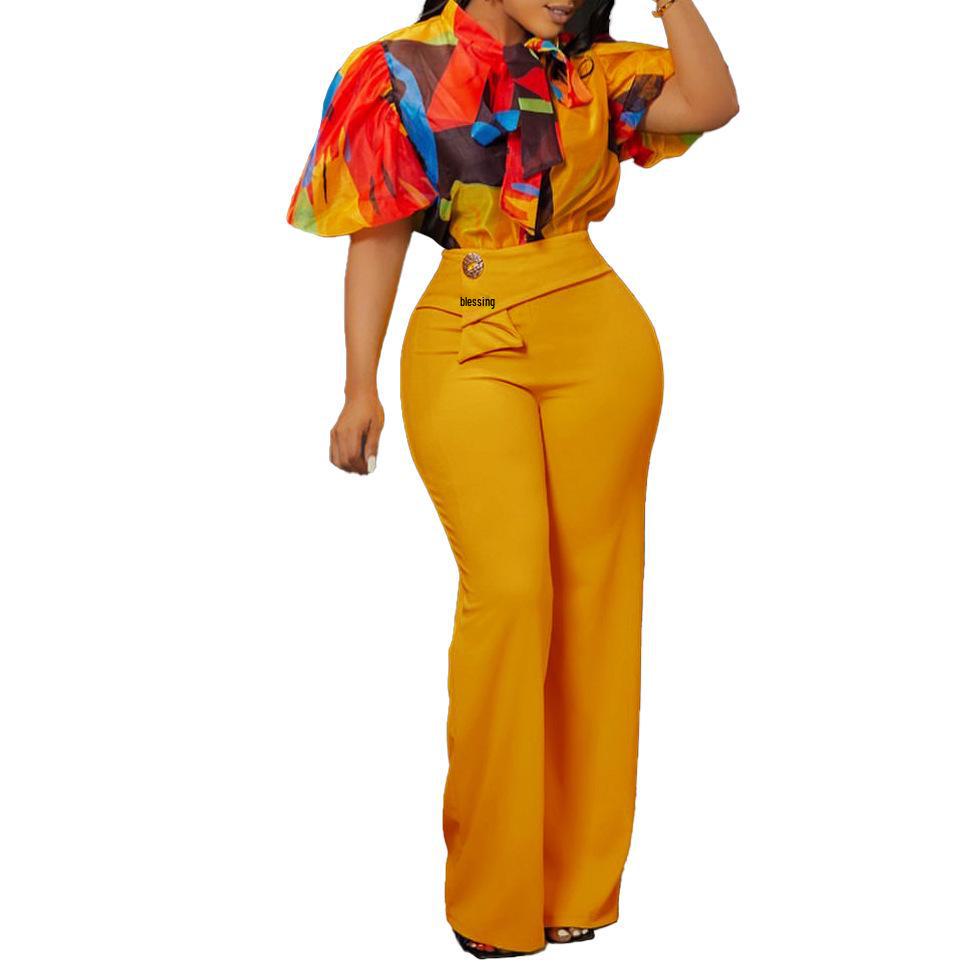 D341 European/American Summer Printed Stand-Up Collar Long Sleeve Shirt & Wide-Leg Pants Two-Piece Fashion Suit