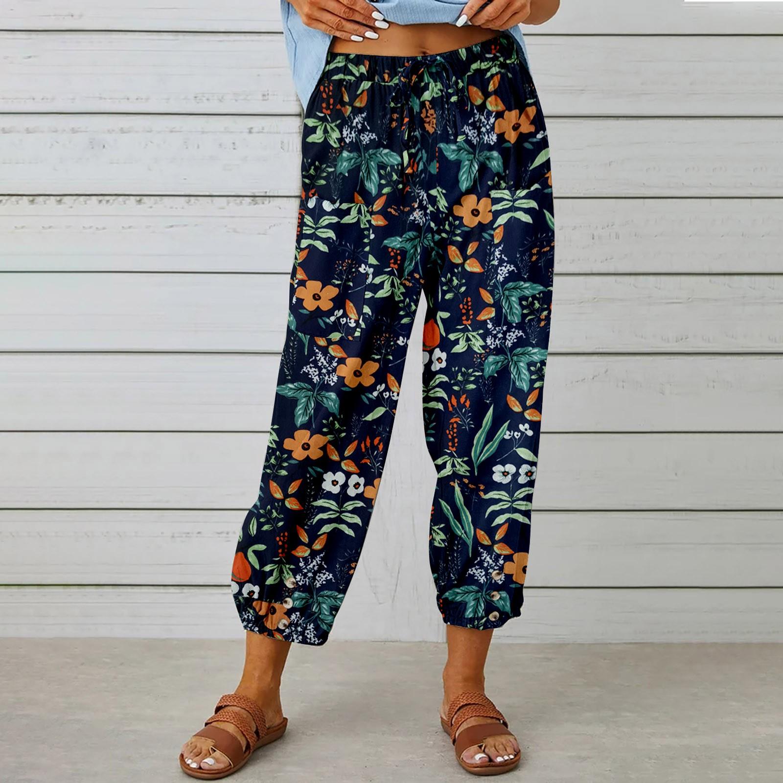 

Women s Casual Pants, Linen Cotton Printed Elastic Waist Double Pocket Leggings M
