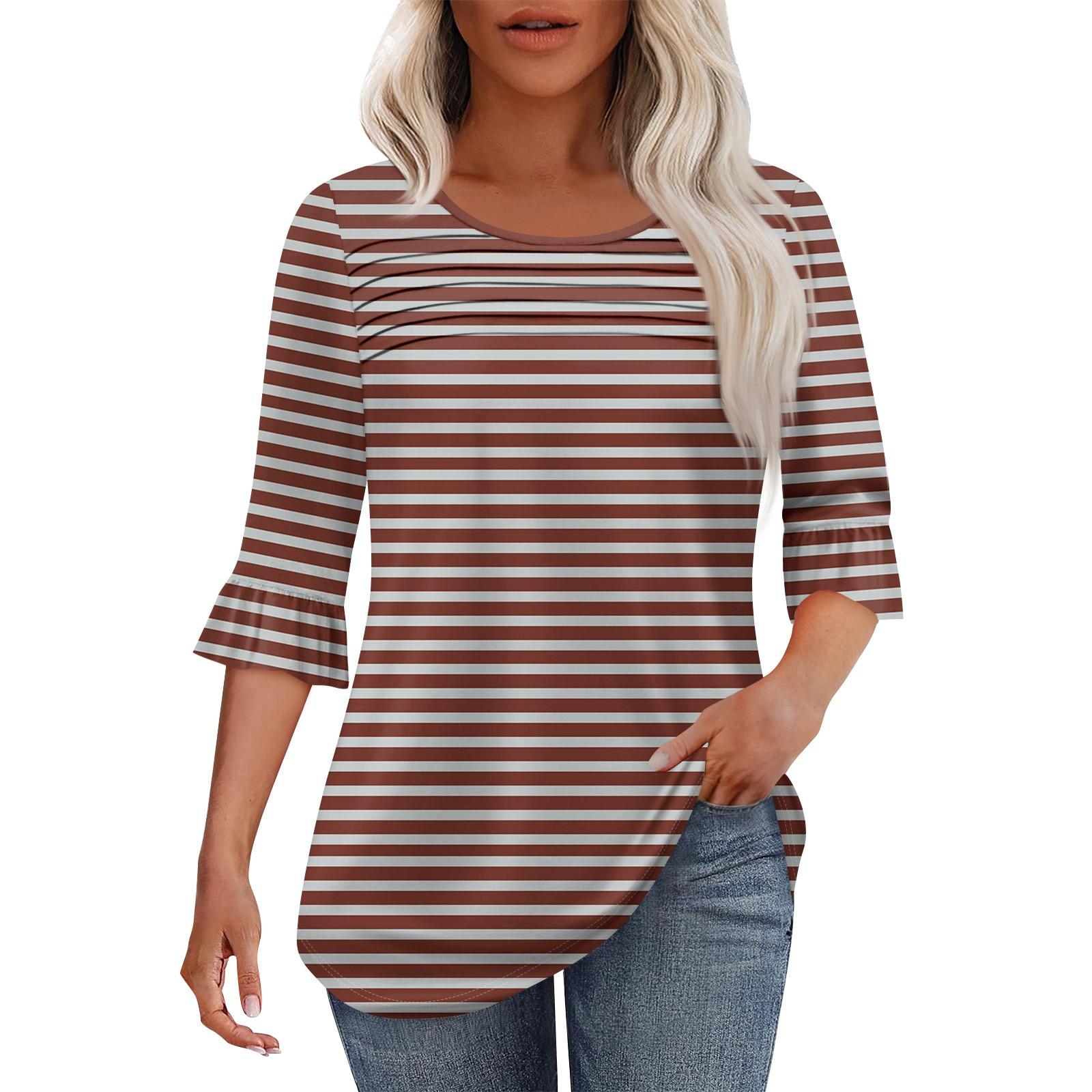 

Жіноча модна плісирована верхня частина з 3/4 рукавами та круглим вирізом M кавовий