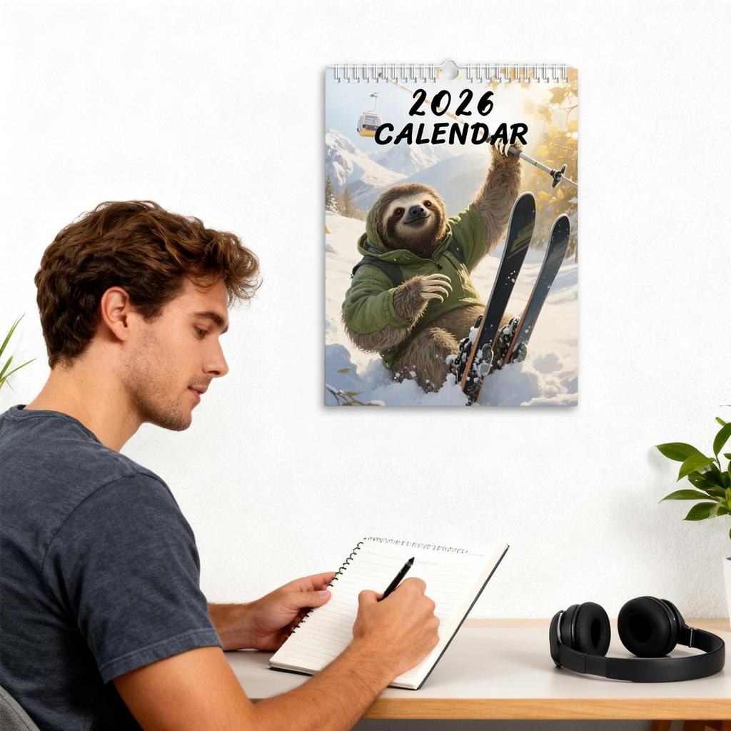 Funny Animal Calendar 2026 Sloth Skiing 12-Month Planner 8.27x11.02in Funny Wall Calendar for Home Workplace Dorm Apartment