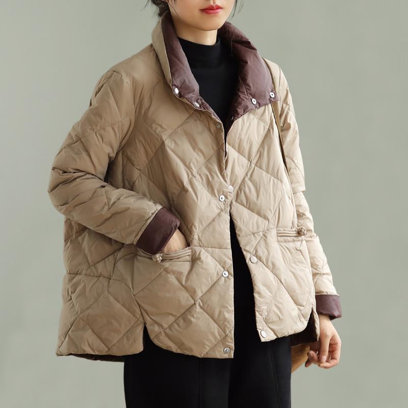 Jesień i Zima Stójka Klamra Kieszeń Peleryna w kształcie litery A Luźna Kratka w romby Ciepła Kurtka puchowa Kurtka z dopasowaniem kolorów Kobiety