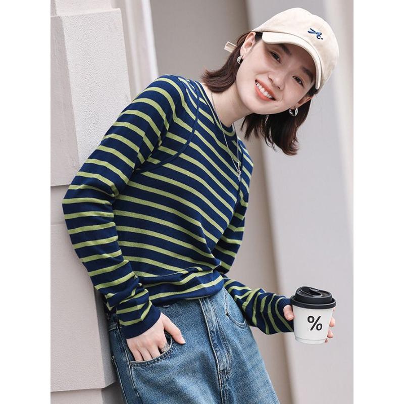 

Полосатый вязаный свитер, весенний круглый вырез, внутренняя тонкая и универсальная базовая рубашка для женщин, ленивых и повседневных 2XL зелёный