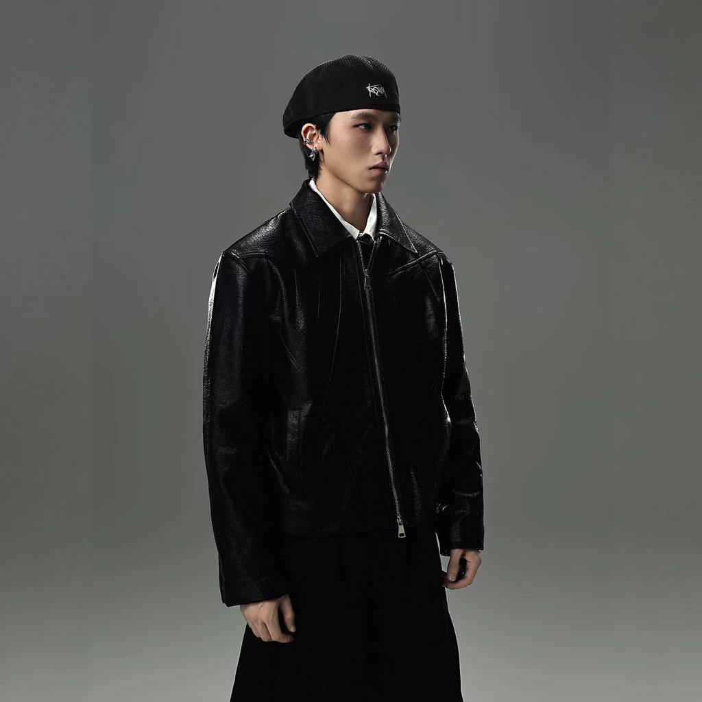 American retro design premium short shoulder leather jacket men's spring and autumn sense locomotive ruffian handsome cleanfit jacket