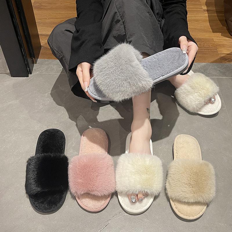 Women's Winter Indoor Cotton Slippers - Large, Warm, Solid Color Fur Design