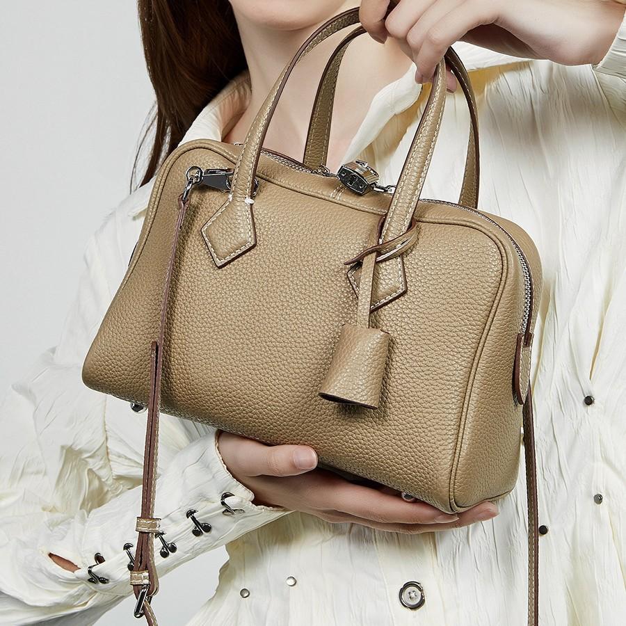 Premium Light Luxury Tc First-Layer Leather Victoria Bag Versatile Oblique Span Commuter Bag Genuine Leather Women'S Boston Pillow Bag