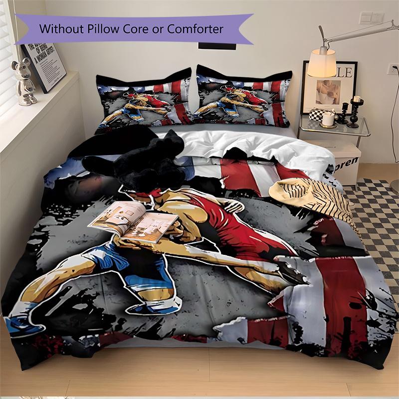 Set Copripiumino 3 Pezzi Scena di Combattimento di Wrestling Anime con Una Federa Copripiumino e Due Federe (Nessun nucleo) - Decorazioni per la Casa, Regalo di Festa, Tessuto in Poliestere, Anime