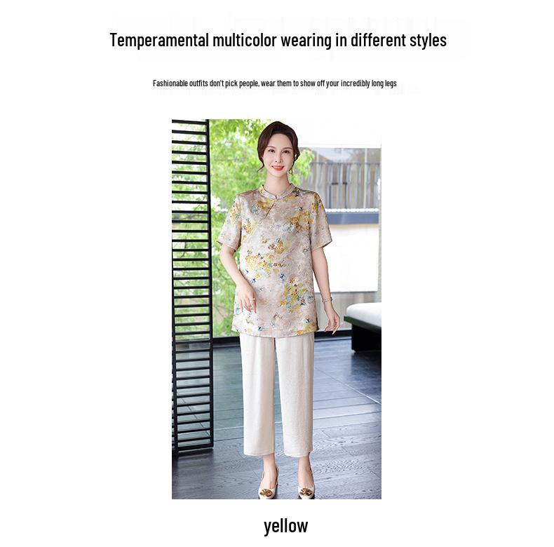 New Summer Qipao Blouse Set for Mothers: Stylish Short-Sleeved Two-Piece Outfit for Middle-Aged and Elderly Women