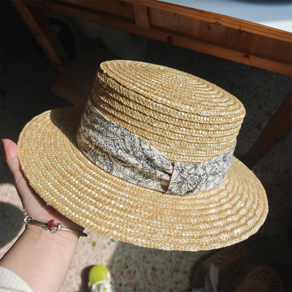 IG Französischer Vintage Weizenstroh Boater Hut Damen Sommer Flacher Oberteil Sonnenhut Handgefertigte Strand Panama Kappe mit Blumenschleife Urlaub 2026