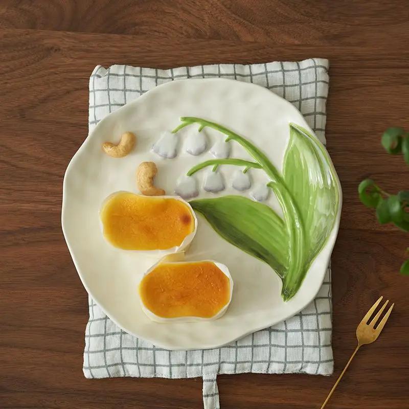 Lily of The Valley Daisy Plate,restaurant Ceramic Ceremonial Cake Dessert Tray,Home High-end Kitchen Decorative Tableware