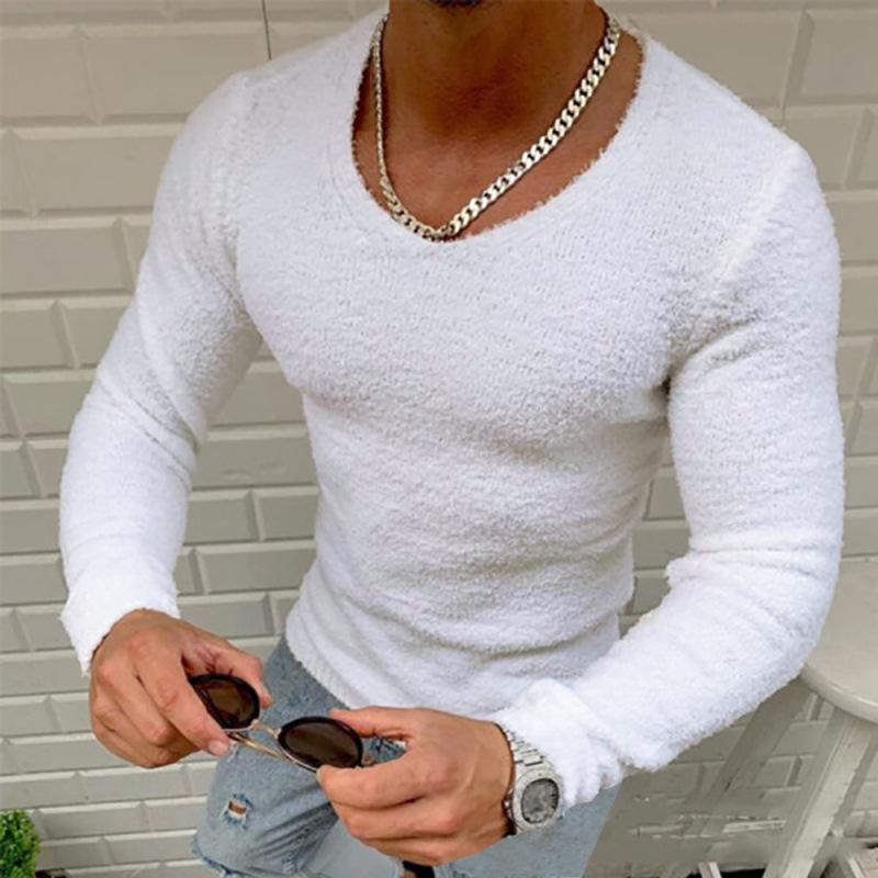 Men's Slim Fit V-Neck Double-Sided Fleece Solid Color Long Sleeve Sweater