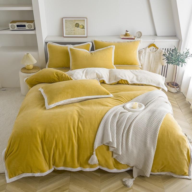 Double-Sided Thickened Milk Fleece Bed Four-Piece Set Of Fleece Lamb Fleece Children'S Quilt Cover Coral Fleece Bed Sheet To Keep Warm