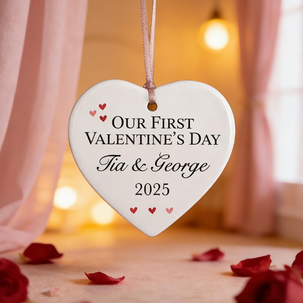 Personalised Our First Valentine's Heart Ornament Ceramic Hanging Love Valentines Day for Him Her Wife Husband Newlywed Couple
