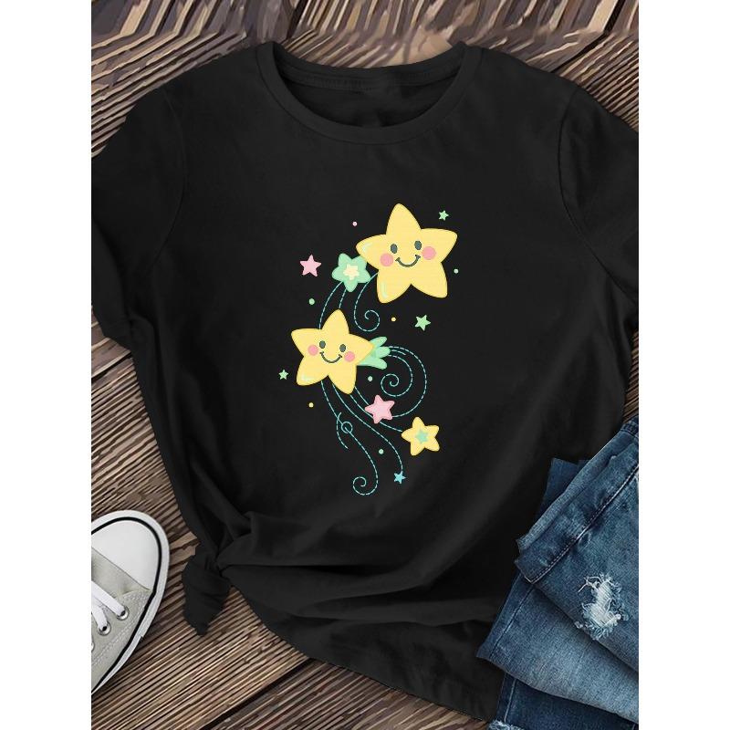 Women'S "Flying Smiling Face Stars" Print Short Sleeve T-shirt | Fashionable Casual Style, Soft and Breathable, Medium Elasticity, Machine Washable,