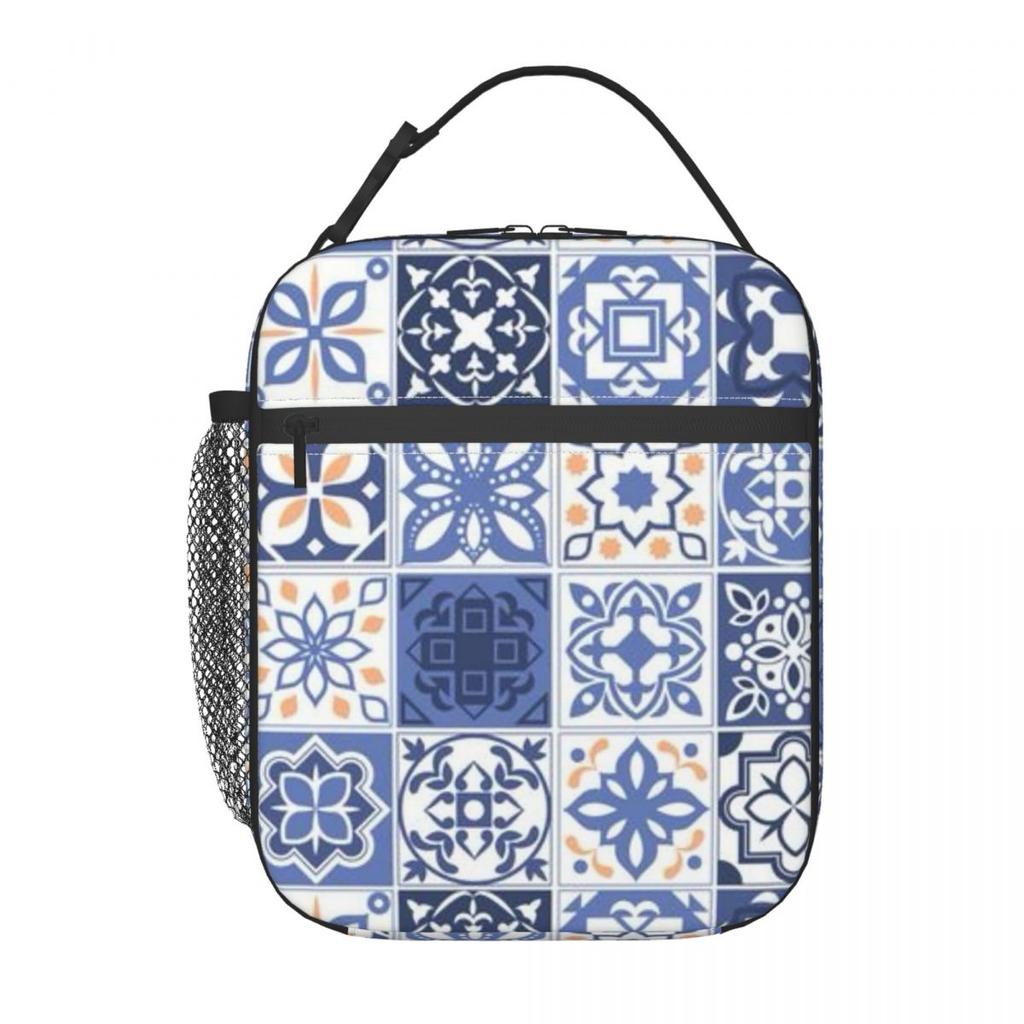 Blue Portuguese Tile Portugal Azulejo Flower Insulated Lunch Bag for Women Kids Leakproof Food Boxes Thermal Lunch Box Tote
