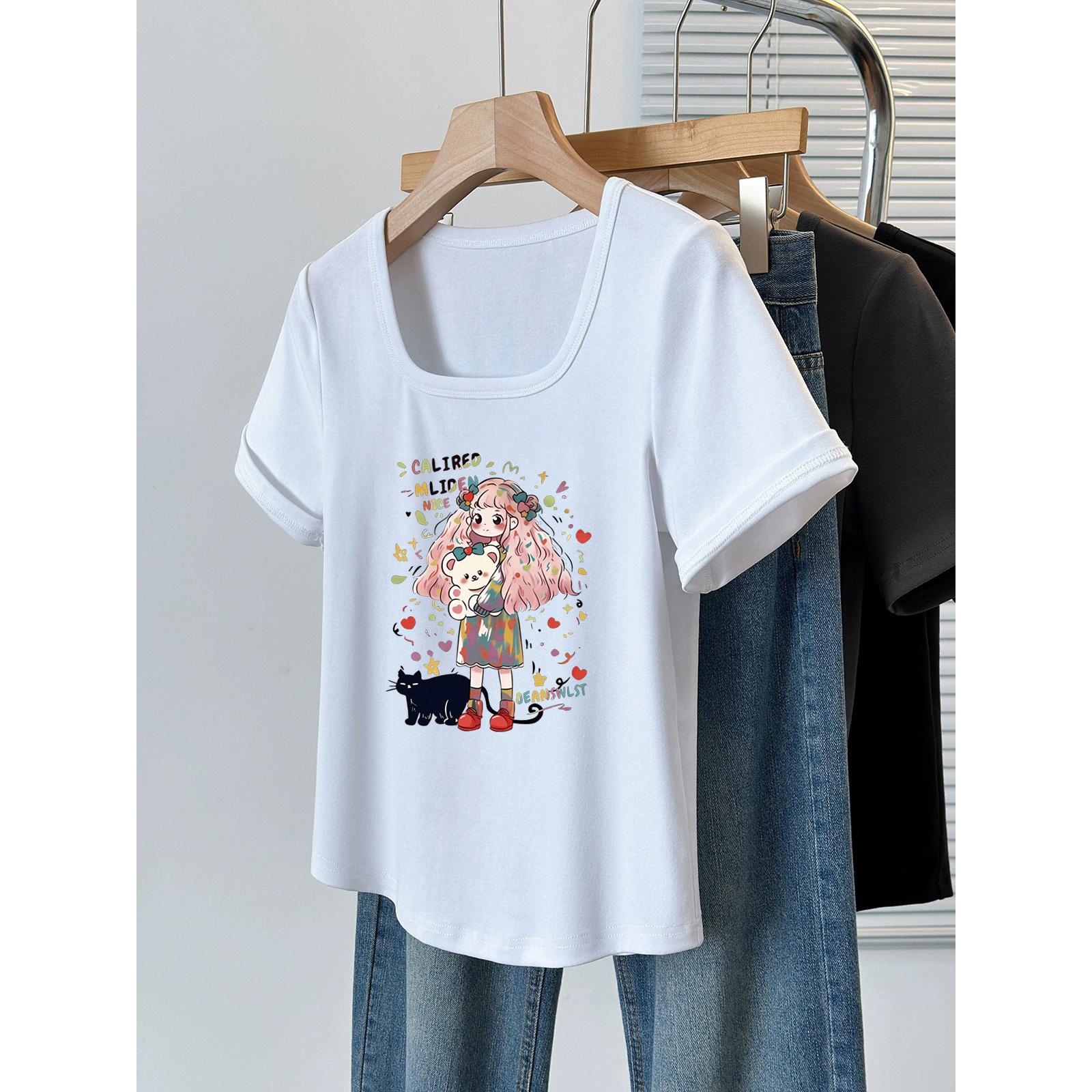 

2025 summer large size women s clothing new printed shoulder square neck T-shirt covering the meat and showing thinness versatile bottoming shirt M [80-60kg]
