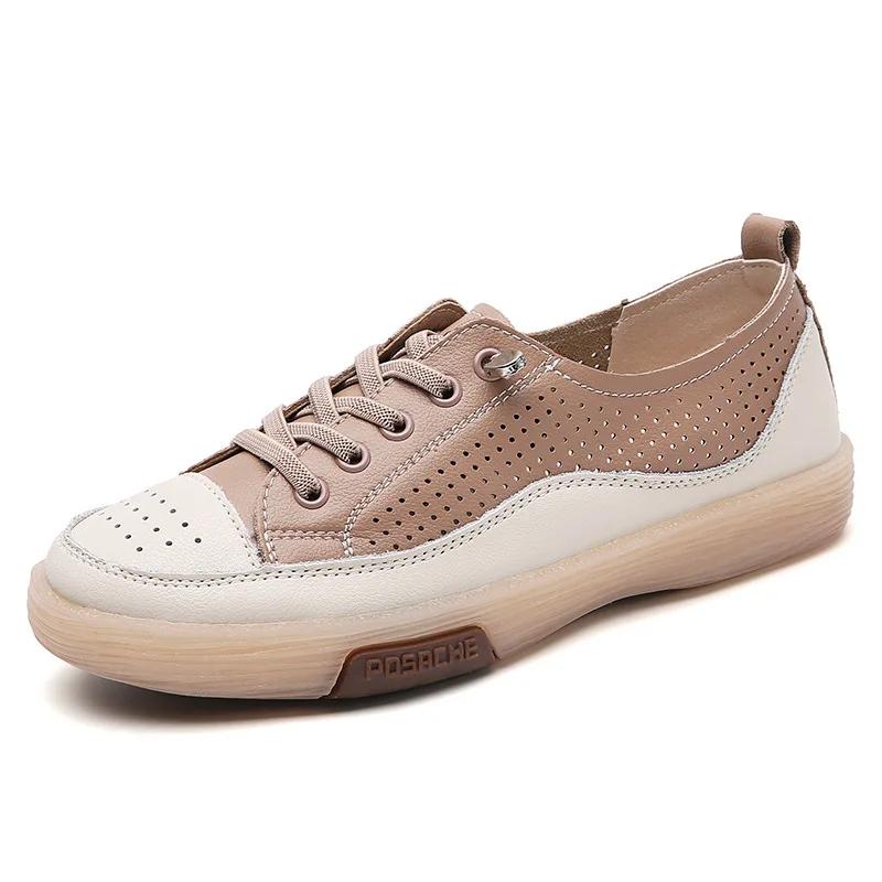 Fashion Genuine Leather Women Soft Sole Walking Shoes Girl Student 2026 Sneaker White Black Flats Female Casual Skate Trainers Summer