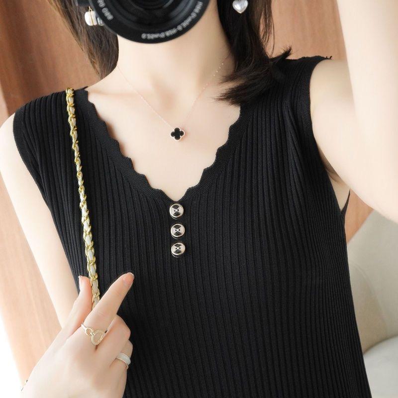 Knitted Sleeveless V Neck Vest Women's Turtleneck Short Loose Versatile Knitted Bottoming Shirts